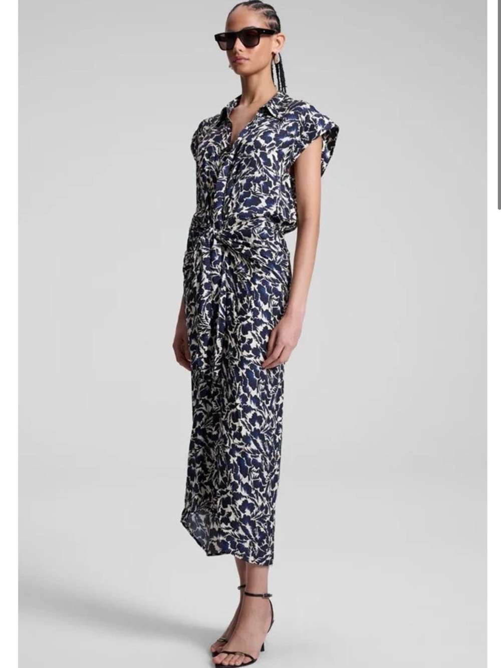 A.L.C. Emilia dress blue and Cream Floral-Print Cap Sleeve Midi Dress